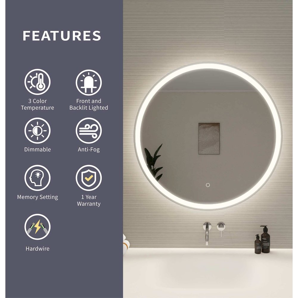 32 Round LED Front and Backlit Wall Mirror in Silver