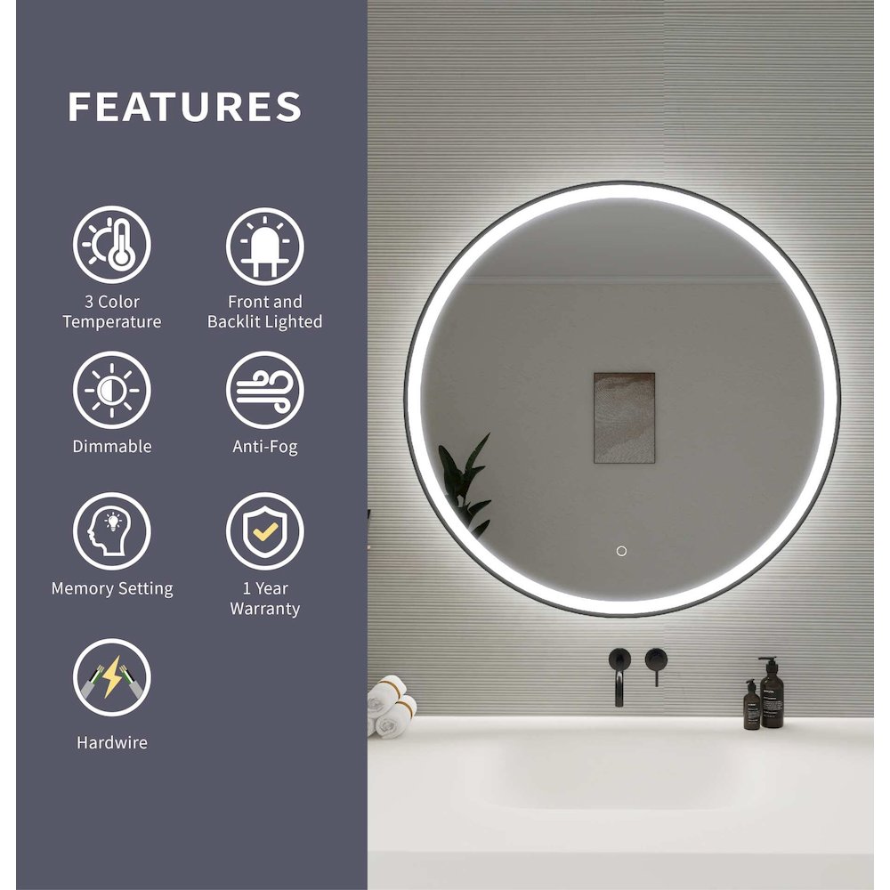 36 Round LED Front and Backlit Wall Mirror in Black