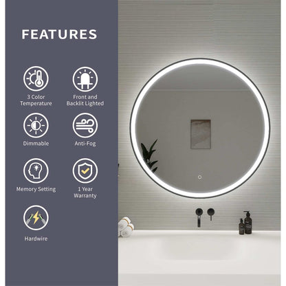 36 Round LED Front and Backlit Wall Mirror in Black