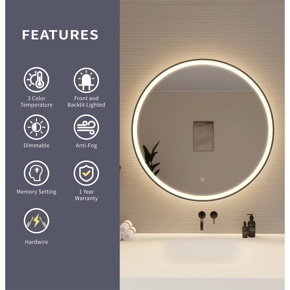 36 Round LED Front and Backlit Wall Mirror in Black
