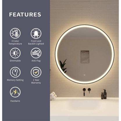 36 Round LED Front and Backlit Wall Mirror in Black
