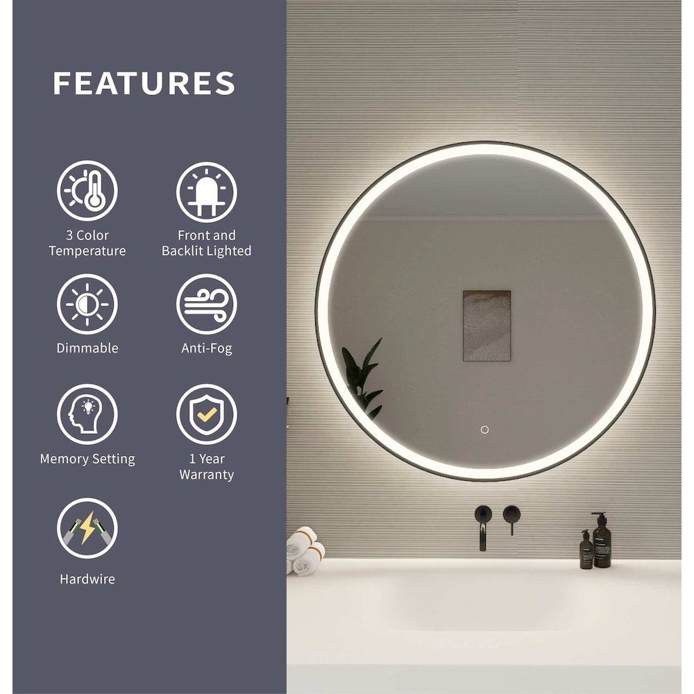 36 Round LED Front and Backlit Wall Mirror in Black