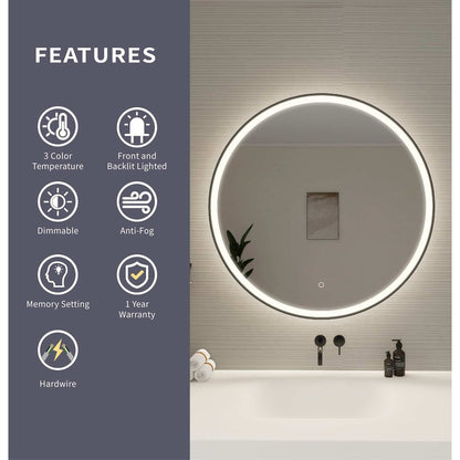 36 Round LED Front and Backlit Wall Mirror in Black