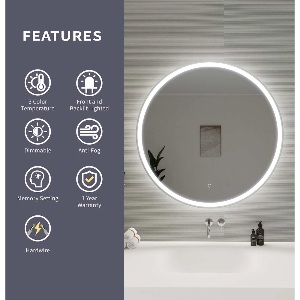 36 Round LED Front and Backlit Wall Mirror in Silver