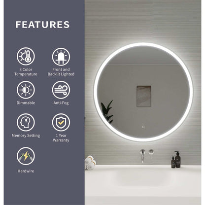 36 Round LED Front and Backlit Wall Mirror in Silver