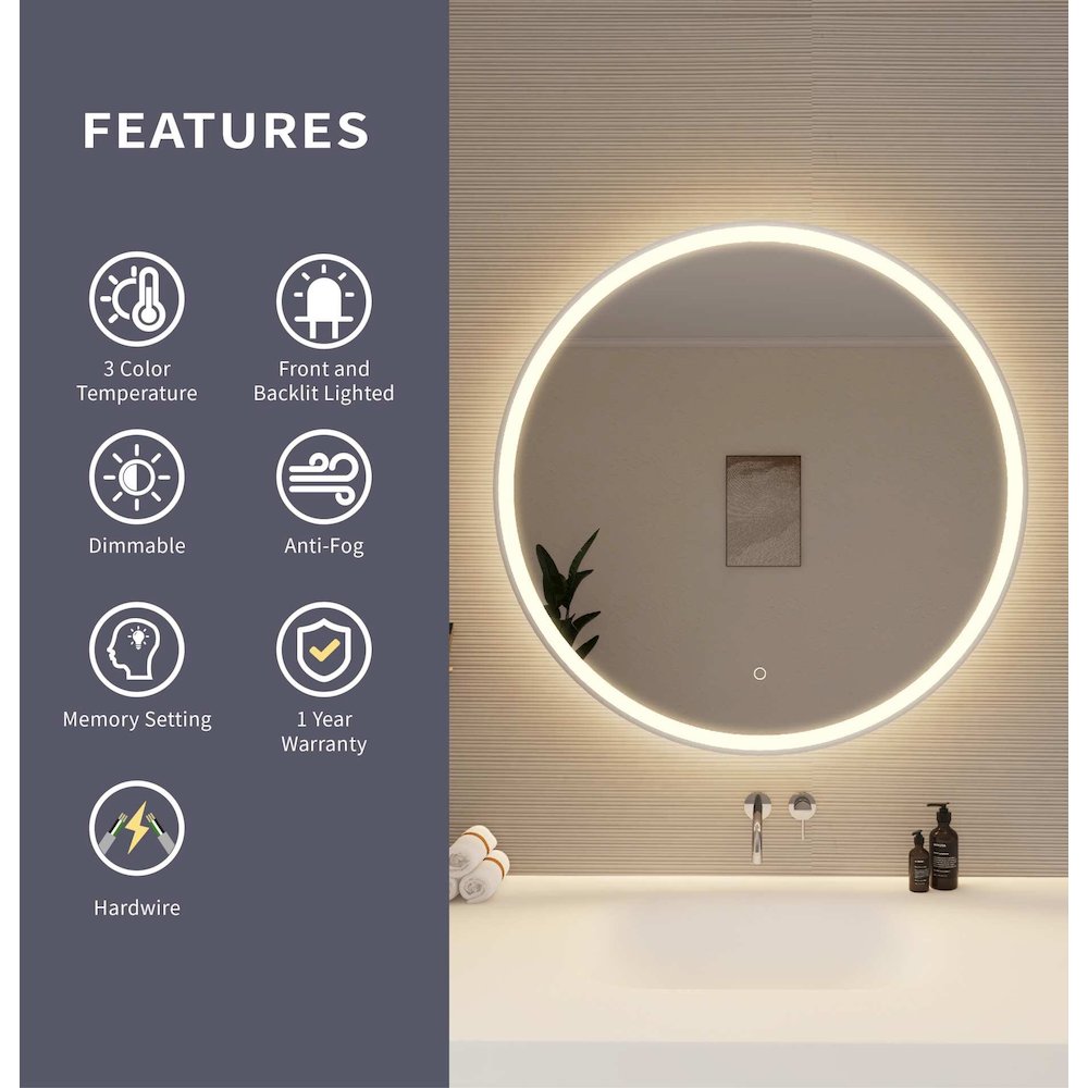 36 Round LED Front and Backlit Wall Mirror in Silver