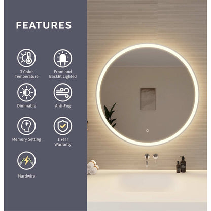 36 Round LED Front and Backlit Wall Mirror in Silver