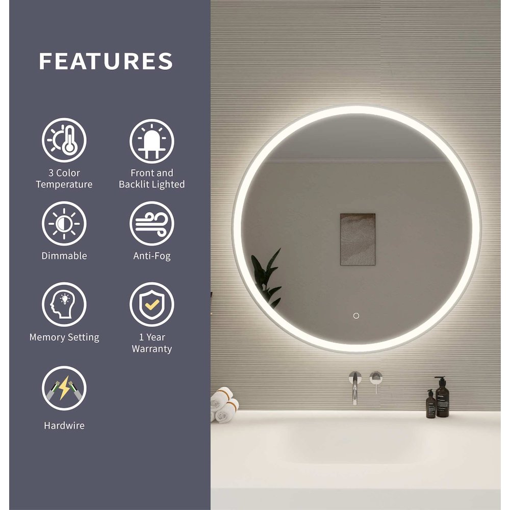 36 Round LED Front and Backlit Wall Mirror in Silver