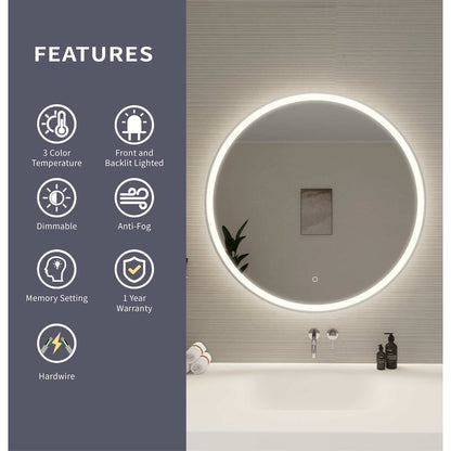 36 Round LED Front and Backlit Wall Mirror in Silver