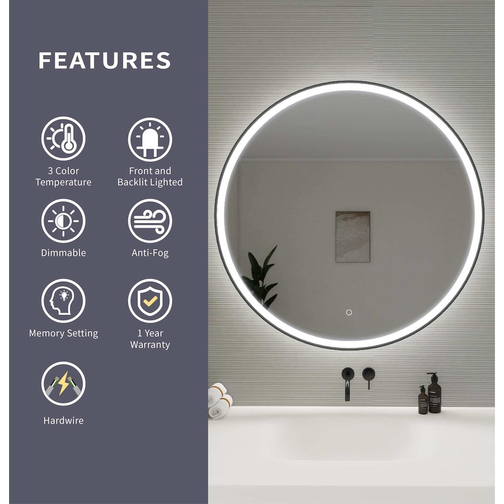 39 Round LED Front and Backlit Wall Mirror in Black