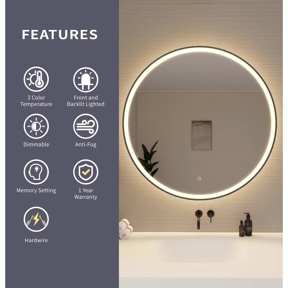39 Round LED Front and Backlit Wall Mirror in Black