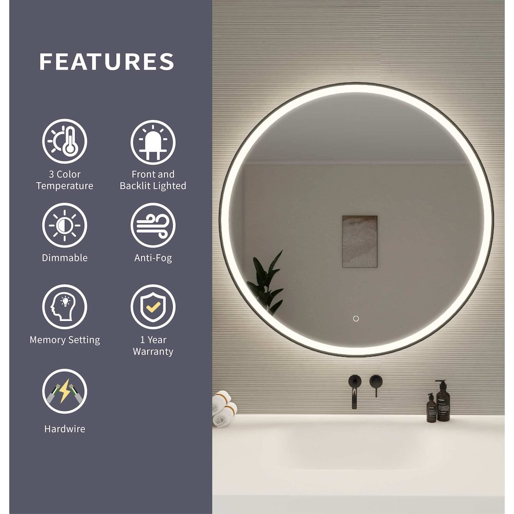 39 Round LED Front and Backlit Wall Mirror in Black