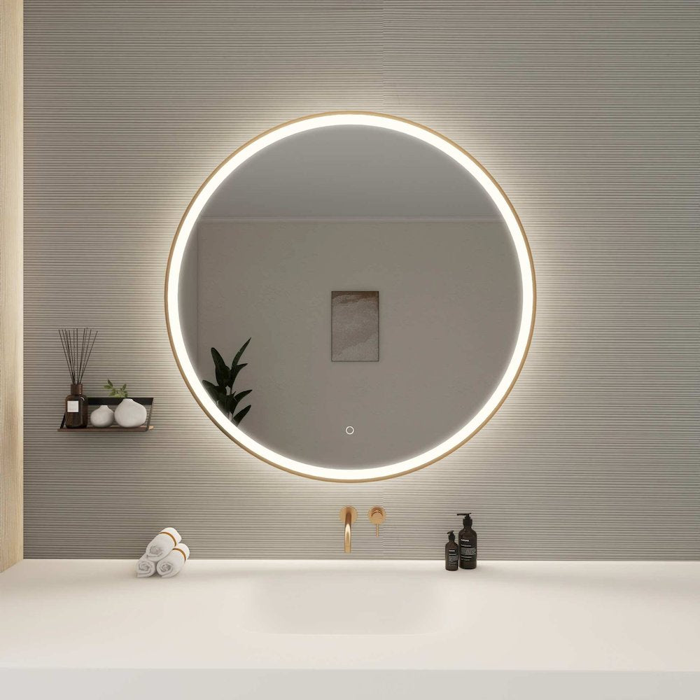 39 Round LED Front and Backlit Wall Mirror in Satin Gold