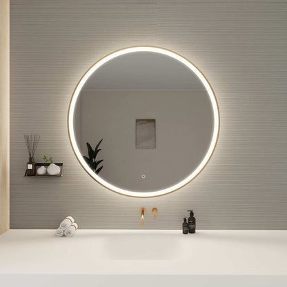39 Round LED Front and Backlit Wall Mirror in Satin Gold