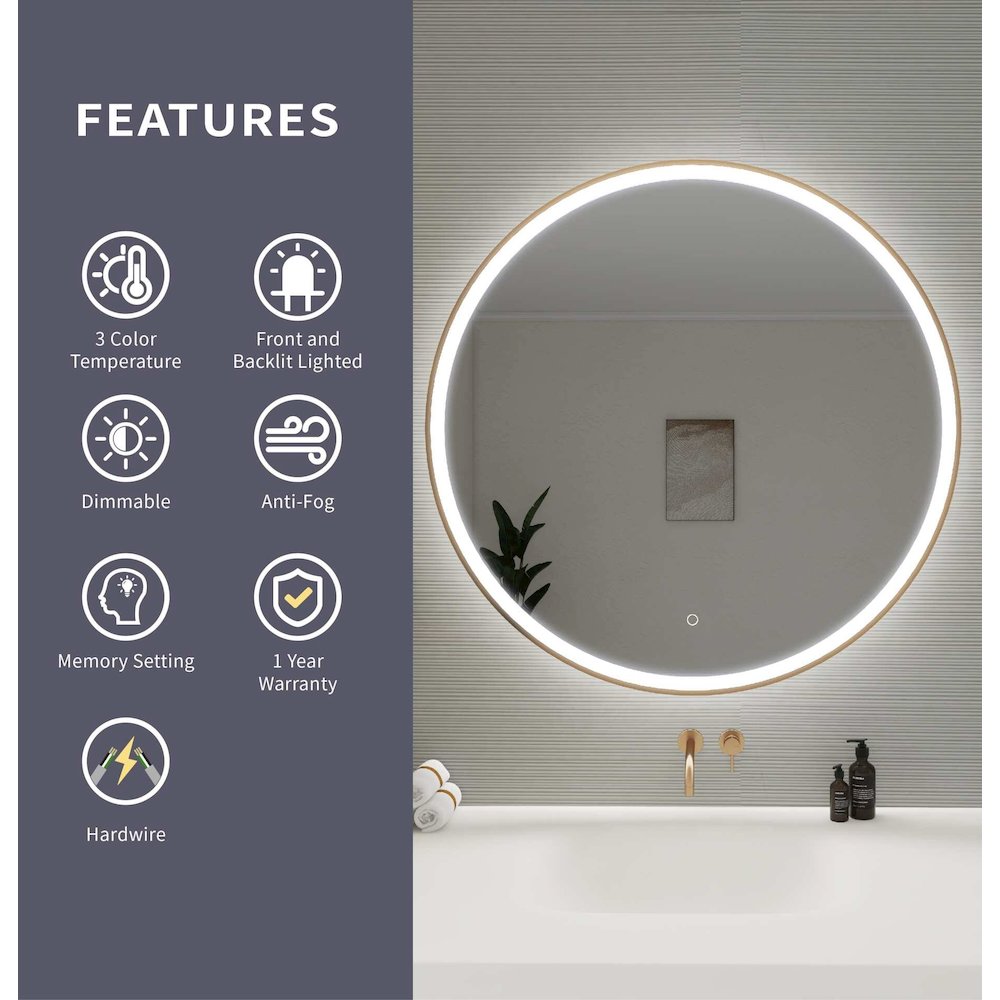 39 Round LED Front and Backlit Wall Mirror in Satin Gold