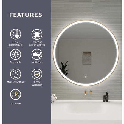 39 Round LED Front and Backlit Wall Mirror in Satin Gold