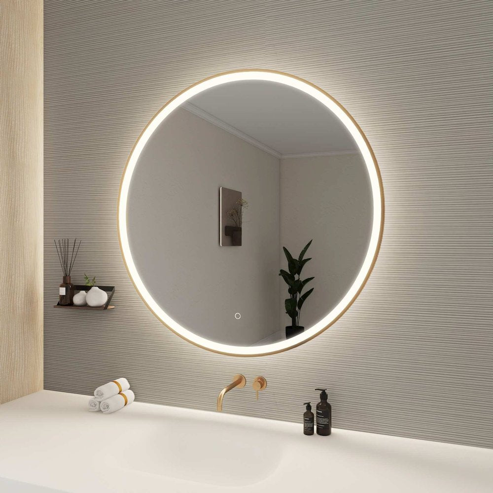 39 Round LED Front and Backlit Wall Mirror in Satin Gold