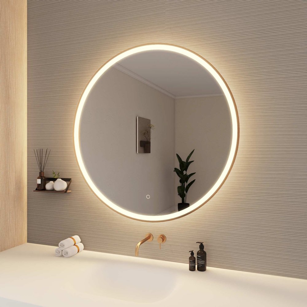 39 Round LED Front and Backlit Wall Mirror in Satin Gold