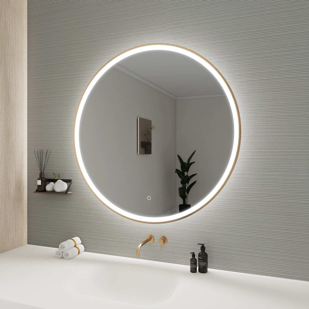 39 Round LED Front and Backlit Wall Mirror in Satin Gold