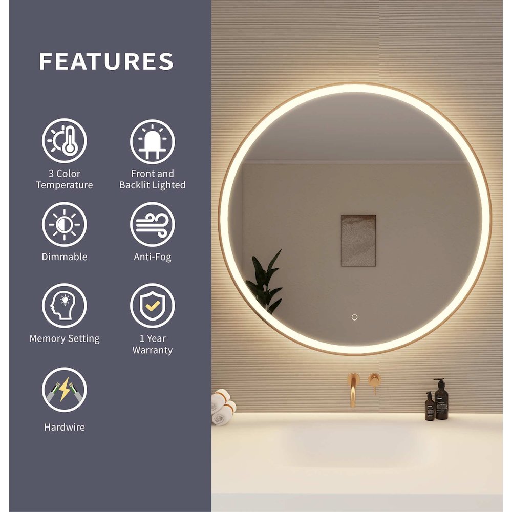 39 Round LED Front and Backlit Wall Mirror in Satin Gold