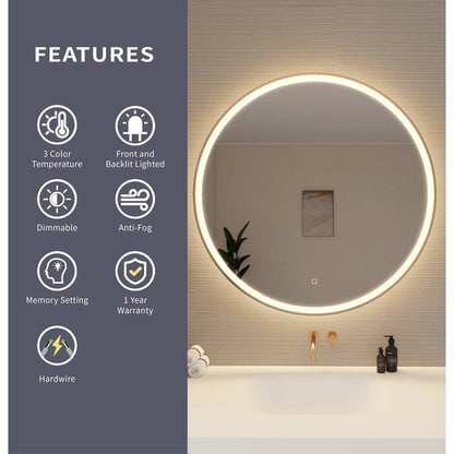 39 Round LED Front and Backlit Wall Mirror in Satin Gold