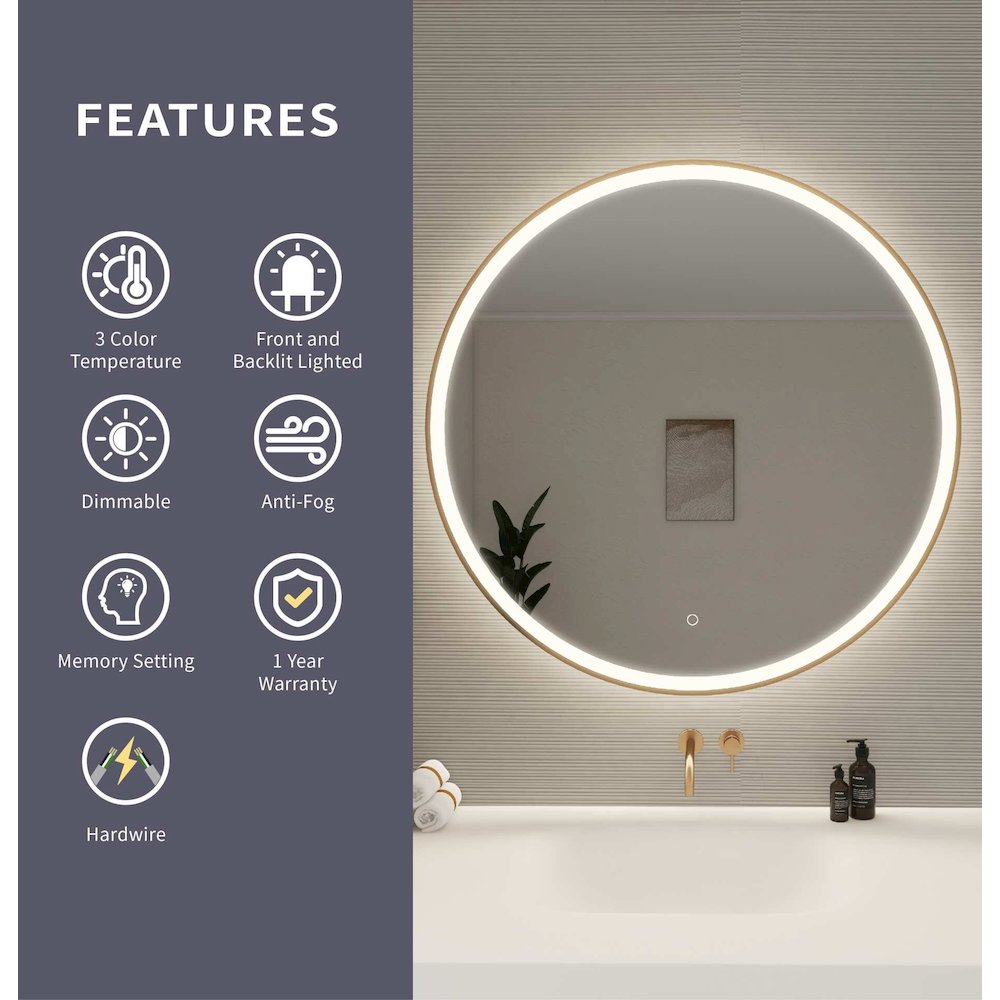 39 Round LED Front and Backlit Wall Mirror in Satin Gold