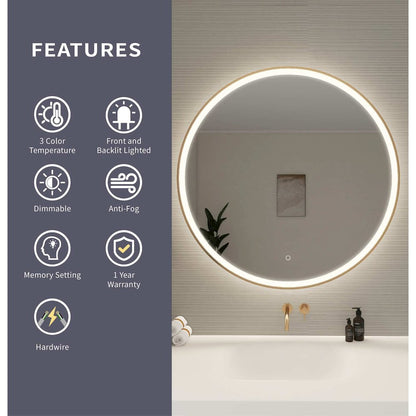 39 Round LED Front and Backlit Wall Mirror in Satin Gold