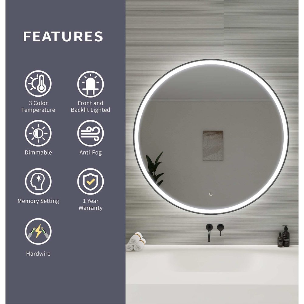 42 Round LED Front and Backlit Wall Mirror in Black