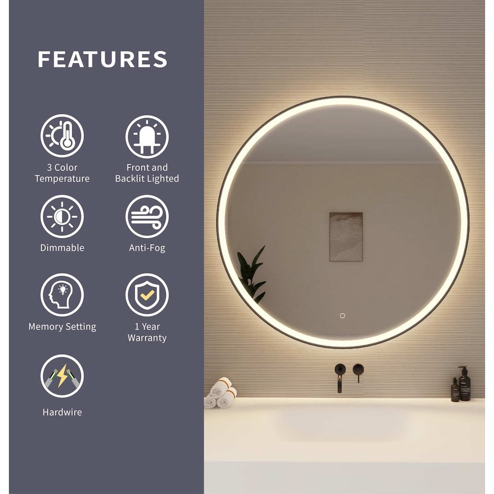 42 Round LED Front and Backlit Wall Mirror in Black
