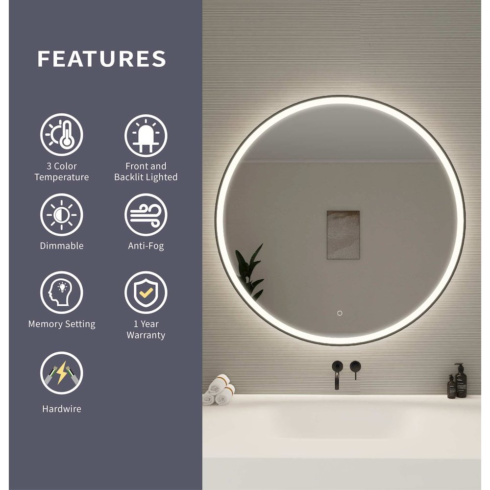 42 Round LED Front and Backlit Wall Mirror in Black