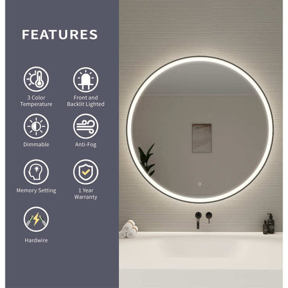 42 Round LED Front and Backlit Wall Mirror in Black