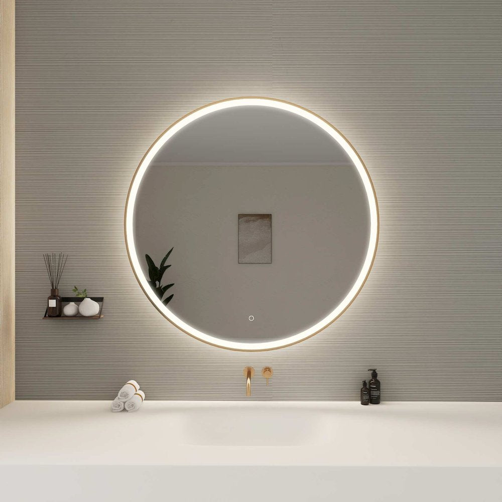 42 Round LED Front and Backlit Wall Mirror in Satin Gold