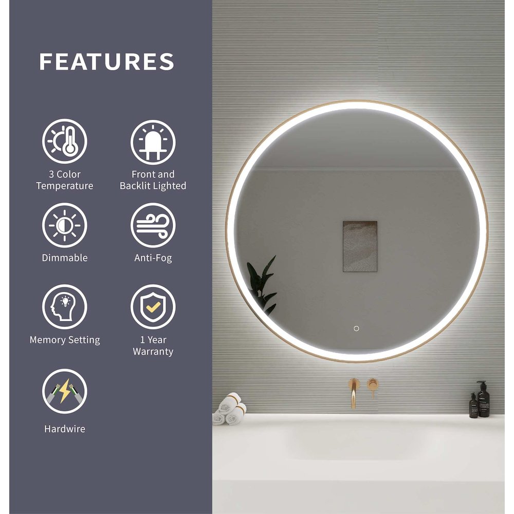 42 Round LED Front and Backlit Wall Mirror in Satin Gold