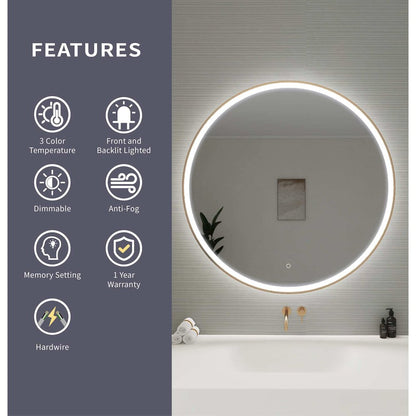 42 Round LED Front and Backlit Wall Mirror in Satin Gold