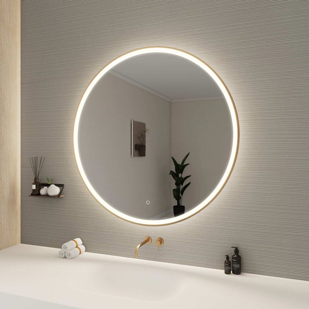 42 Round LED Front and Backlit Wall Mirror in Satin Gold