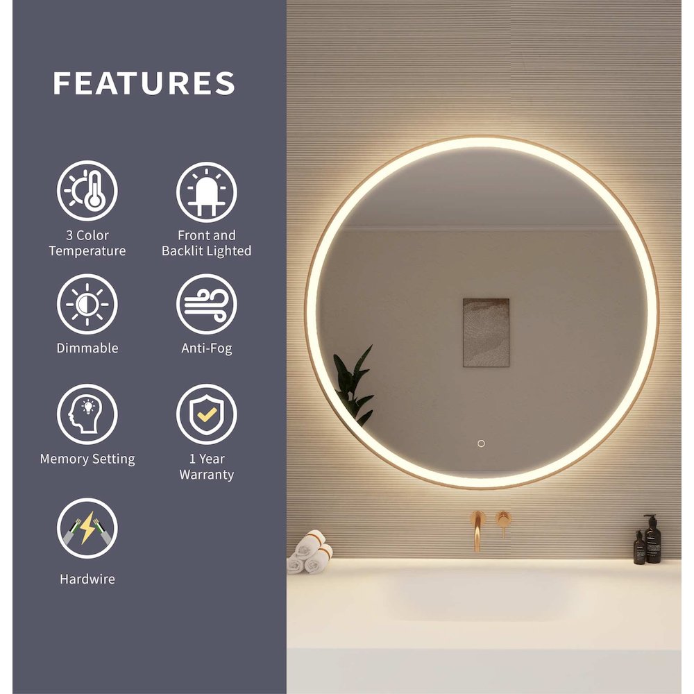 42 Round LED Front and Backlit Wall Mirror in Satin Gold