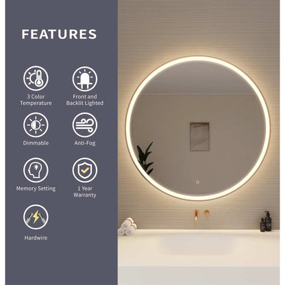 42 Round LED Front and Backlit Wall Mirror in Satin Gold