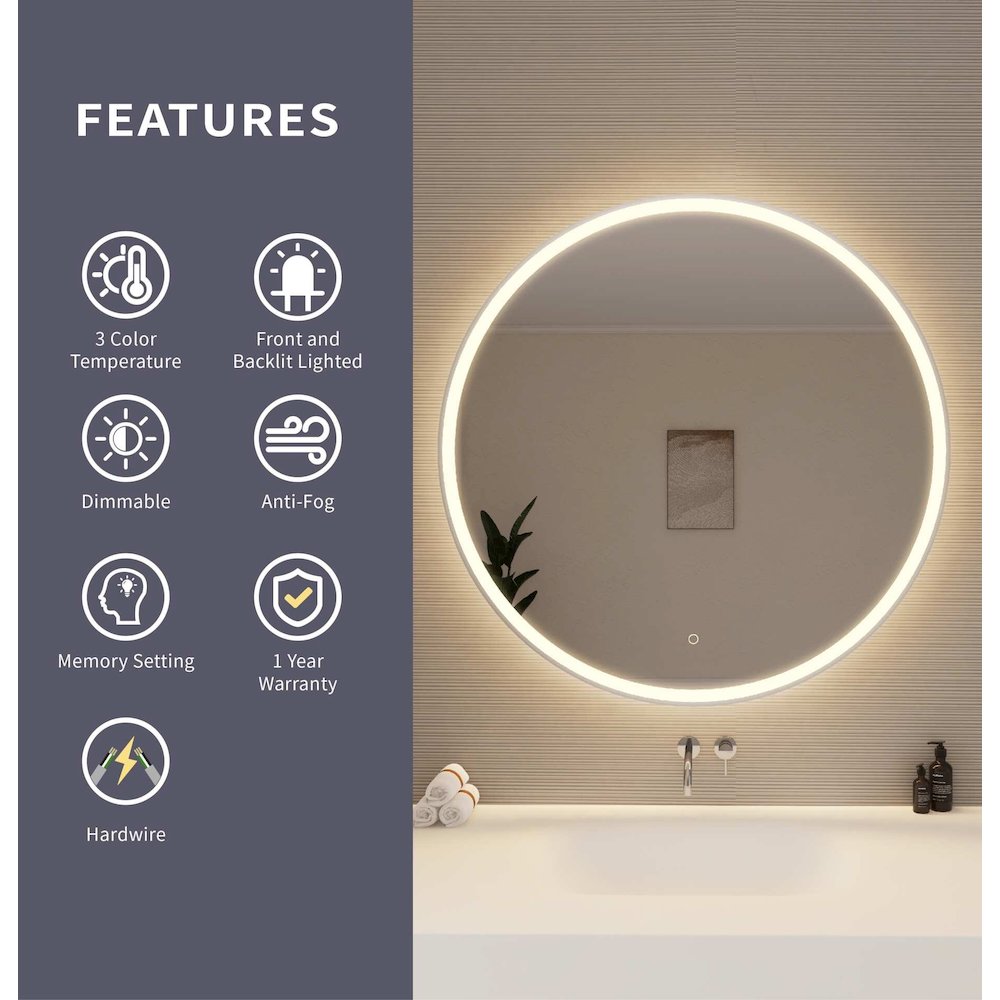 42 Round LED Front and Backlit Wall Mirror in Silver