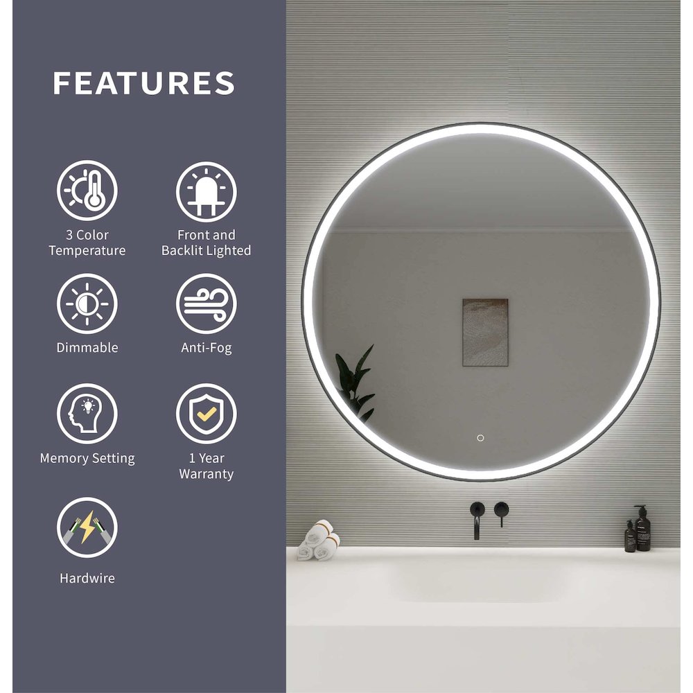 45 Round LED Front and Backlit Wall Mirror in Black