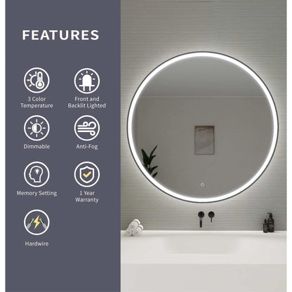 45 Round LED Front and Backlit Wall Mirror in Black