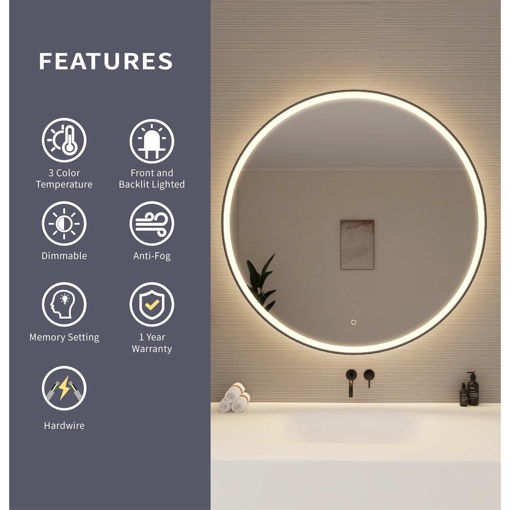 45 Round LED Front and Backlit Wall Mirror in Black