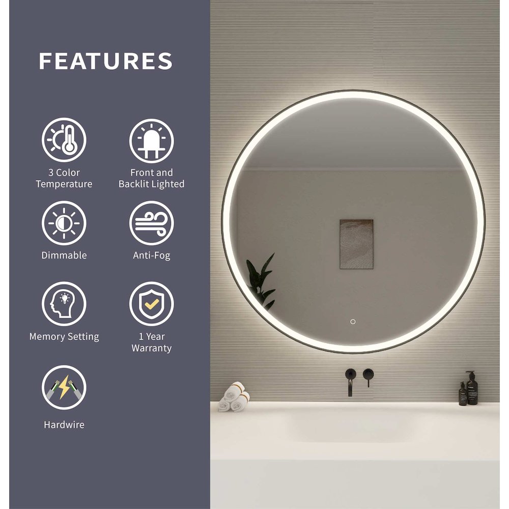 45 Round LED Front and Backlit Wall Mirror in Black