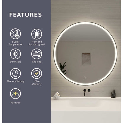 45 Round LED Front and Backlit Wall Mirror in Black