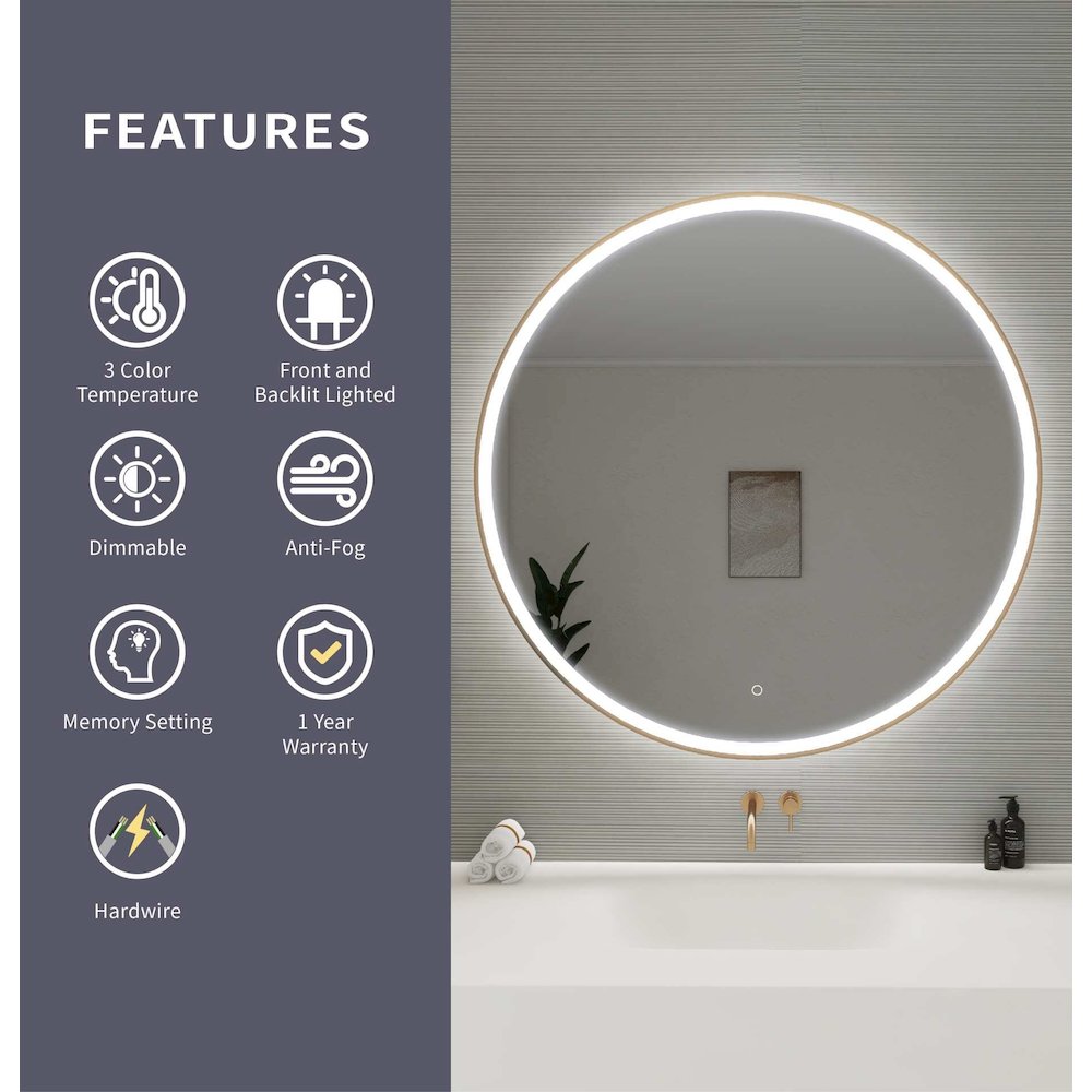 45 Round LED Front and Backlit Wall Mirror in Satin Gold