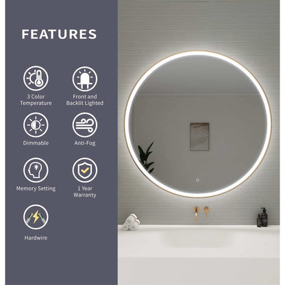45 Round LED Front and Backlit Wall Mirror in Satin Gold