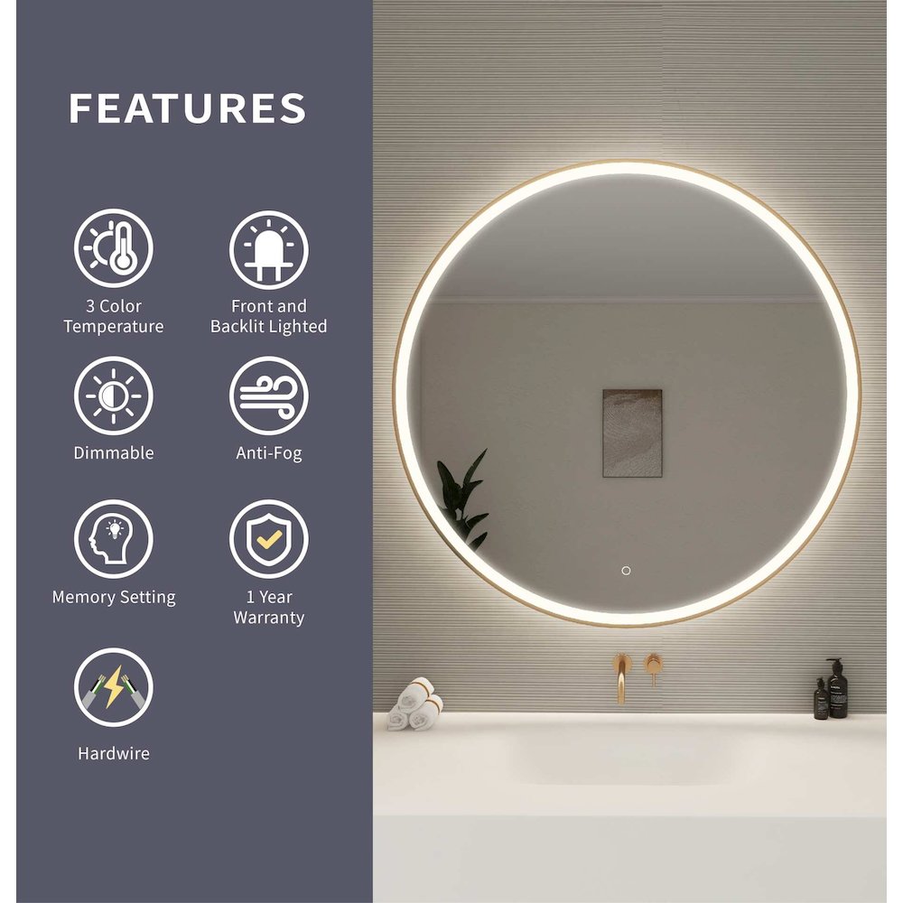 45 Round LED Front and Backlit Wall Mirror in Satin Gold