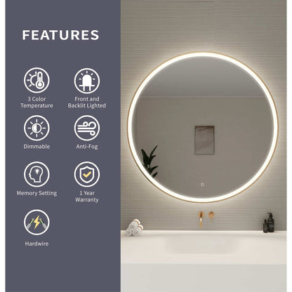 45 Round LED Front and Backlit Wall Mirror in Satin Gold