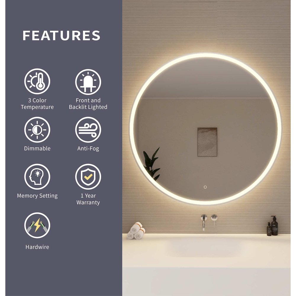 45 Round LED Front and Backlit Wall Mirror in Silver
