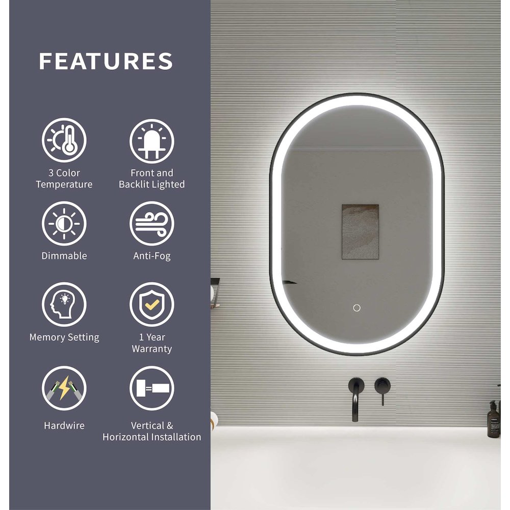 30 Inch Oval LED Front and Backlit Wall Mirror in Black