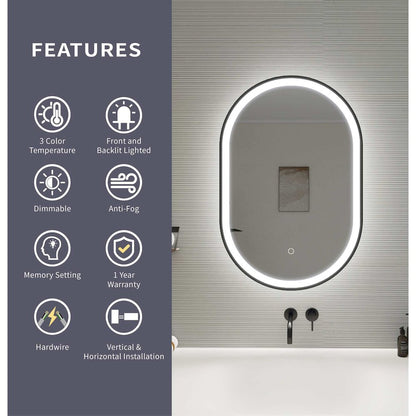30 Inch Oval LED Front and Backlit Wall Mirror in Black